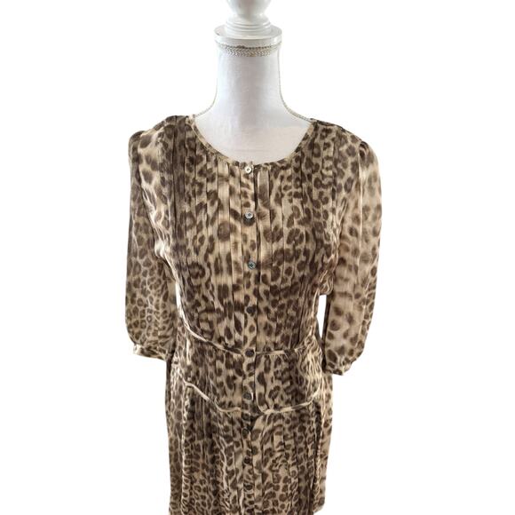 Talbots Silk Chiffon Pleated Long Sleeve Dress Brown Animal Print 6 - Picture 2 of 6